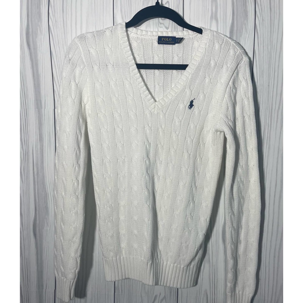 Polo Ralph Lauren Sweater Womens Small Cable Knit V Neck White Pony Cotton